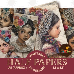Diario basura, medio papel, rosas viajeras, chicas gitanas coloridas, imprimible, álbum de recortes, manualidad, tarjeta, decoupage, libro, joyería de resina, kit digital
