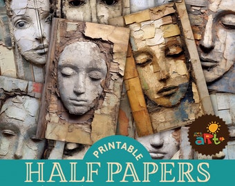 12 Rustic Face Portrait Collage Printable Junk Journal Half Papers