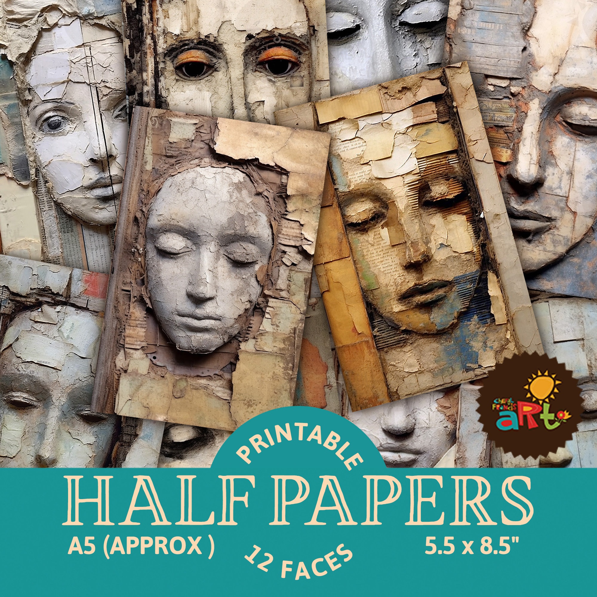 12 Rustic Face Portrait Collage Printable Junk Journal Half Papers