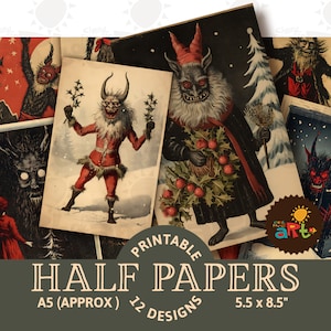 Collage de papier de Noël festif Krampus Journal indésirable imprimable Demi-papiers, fournitures de scrapbooking, travaux manuels, cartes, découpage et page de livre