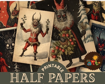 Festive Krampus Christmas Paper Collage Printable Junk Journal Half Papers, Scrapbook Supply, Craft, Cards, Decoupage and Book Page