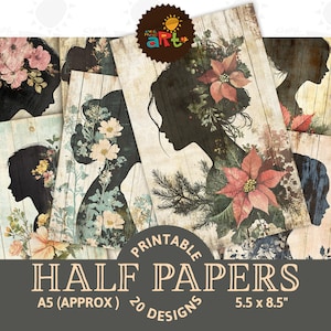 Silueta de perfil de dama con flores, arte, manualidades con papel, collage imprimible, diario basura, papel a medias, álbum de recortes, kit de papel digital, libro de tarjetas, fondo