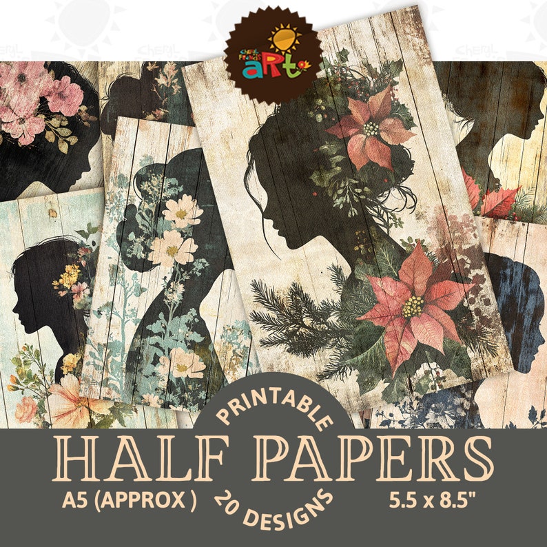Floral Lady Profile Silhouette Art Paper Crafts Printable Collage Junk