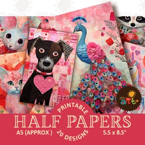 Cute Valentine Animals Collage Afdrukbare Junk Journal Half Papers, Plakboek, Digitale Efemere Kit, Kaarten, Boekpagina's, Achtergrond, Kinderkunst