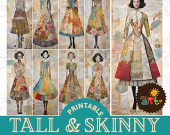 Girl on Ephemera Collage Printable Tall Slim Junk Journal Papers for Book Making, Crafting, and Scrapbooking. Digital Paper Kit