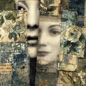 May include: A textile collage featuring layered fabric patches in shades of blue, green, and cream. The composition includes printed floral motifs, botanical illustrations, lace fragments, and a central black and white portrait of a face.