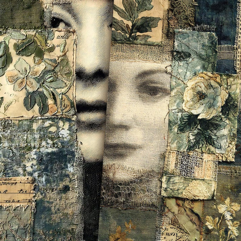 May include: A textile collage featuring layered fabric patches in shades of blue, green, and cream. The composition includes printed floral motifs, botanical illustrations, lace fragments, and a central black and white portrait of a face.