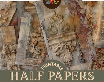 May include: Printable digital paper pack with 18 designs featuring ornate, distressed, and textured patterns in shades of brown, beige, and red. The papers are A5 (approx.) size, 5.5 x 8.5 inches.
