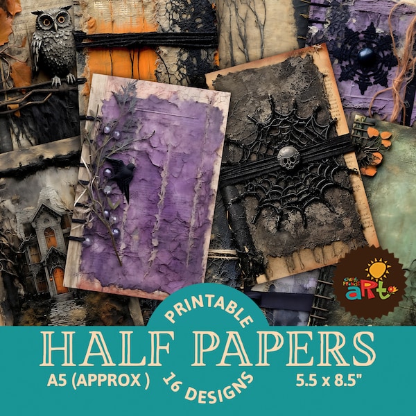 Halloween Textile Paper Collage Printable Junk Journal Half Papers for Book Making, Crafting, Cards and Scrapbooking Digital Kit Mixed Media