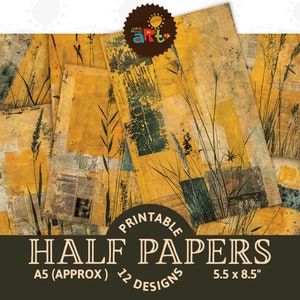 Op de afbeelding: Printbare digitale papierset met 12 ontwerpen in een gele en groene kleurstelling met een vintage krantenstructuur en hoog gras. De papieren zijn A5 (ongeveer) formaat, 5,5 x 8,5 inch.