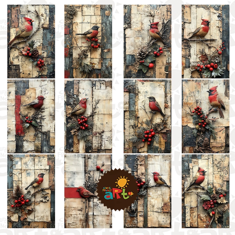 Christmas Red Bird on Dimensional Branch Printable Junk Journal Half