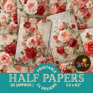 Rode roos en kantpapier collage afdrukbare rommeljournaal half papier, decoratief bloemen- en textiel plakboek, kaart, knutselen, aangepast boek