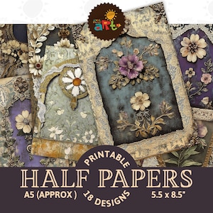 Fiori incorniciati assemblati con collage di pizzo stampabile Junk Journal Half Paper Scrapbook Kit digitale Pagina del libro Sfondo Decoupage Craft