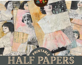May include: Printable digital collage sheets featuring 18 vintage-inspired designs with women in various poses. The designs are in a muted color palette with a distressed, textured look. The text "Printable Half Papers" is displayed on a dark gray background with the dimensions "A5 (approx) 18 designs 5.5 x 8.5"