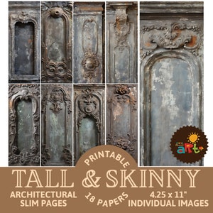 Può includere: Set di 18 carte digitali stampabili con motivi architettonici alti e sottili. Le carte misurano 10,8 cm per 27,9 cm e presentano pannelli di legno decorati, usurati e invecchiati con dettagli intricati.