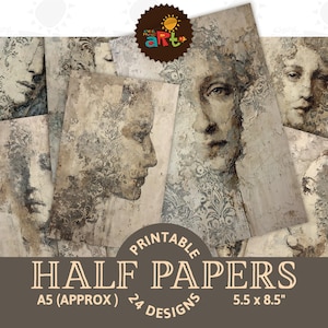 Può includere: Una collezione di mezze carte stampabili con ritratti in stile vintage. Le carte hanno un aspetto invecchiato e usurato con tonalità beige, grigie e bianche. Il testo "PRINTABLE HALF PAPERS" e "A5 (APPROX) 24 DESIGNS 14 x 21.6 cm" è visibile.
