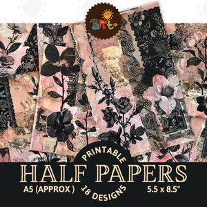 Kit digital de álbum de recortes de papel efímero de medio papel imprimible con collage de rosas y negros, fondo para páginas de libros, manualidades con decoupage