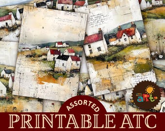 Può includere: Nove carte ATC stampabili con illustrazioni ad acquerello di case in un ambiente di villaggio. Le carte misurano 2,5 x 3,5 pollici e 300 DPI JPG.