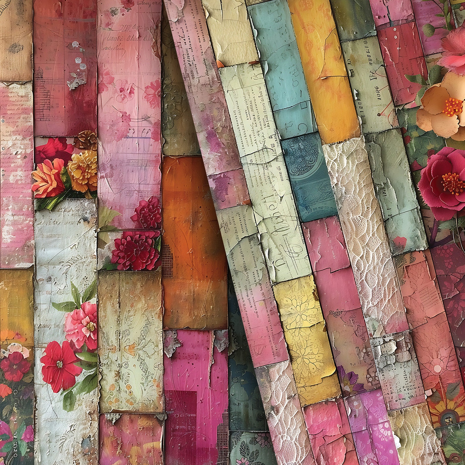 Color Background Journal Printable Junk Journal Half Papers, Deep Colors Vertical Floral Collage ...