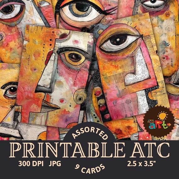 顔絵　飾り　絵画　絵 抽象的な顔のイラスト入り肖像画 ATC 印刷可能 アーティスト
