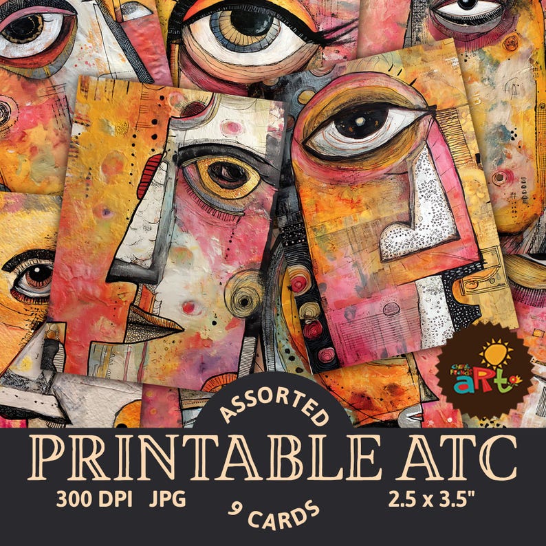 Pu&ograve; includere: Nove carte da scambio d'arte stampabili (ATC) con volti astratti con vernice colorata e tecniche miste. Le carte misurano 2,5 x 3,5 pollici e 300 DPI.