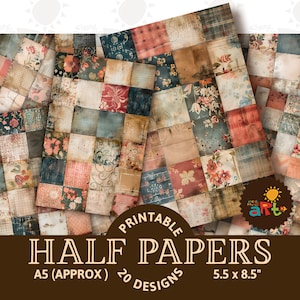Kit digital de tarjeta de álbum de recortes imprimible de media página con varios patrones de collage de retazos terrosos, fondo de libro para manualidades, ATC, decoupage