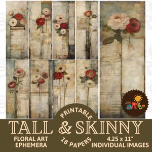 Blumen auf antiken Ephemera Collage druckbare hohe schmale Junk Journal Papiere für die Buchherstellung, das Basteln und Scrapbooking. Digitales Papier Kit