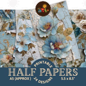 Shabby Floral mit Blau und Faux Gold Akzenten Printable Junk Journal Hälfte Papiere Sammelalbum Ressourcen Hintergrund Digitale Karten Handwerk und Buch