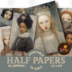 Schneeprinzessin Collage Printable Junk Journal halb Papier, Scrapbook Digital Kit, Kunst, Handwerk, Karten, Buch Seite, Hintergrund