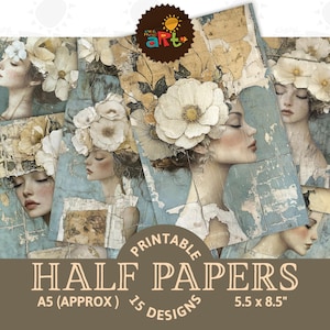 Mädchen Collage Portrait auf Blau Printable Junk Journal Halbes Papier Rustikal Grunge Scrapbook Digitales Buch Seite Hintergrund Decoupage Craft Art