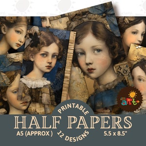 Klein meisje blauw papier collage afdrukbare ongewenste dagboek halve papieren, plakboekvoorraad, Victoriaanse kunst, ambacht, kaarten, decoupage en boekenpagina