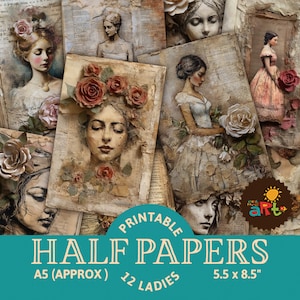 Lady with Roses Collage Printable Junk Journal Half Papers