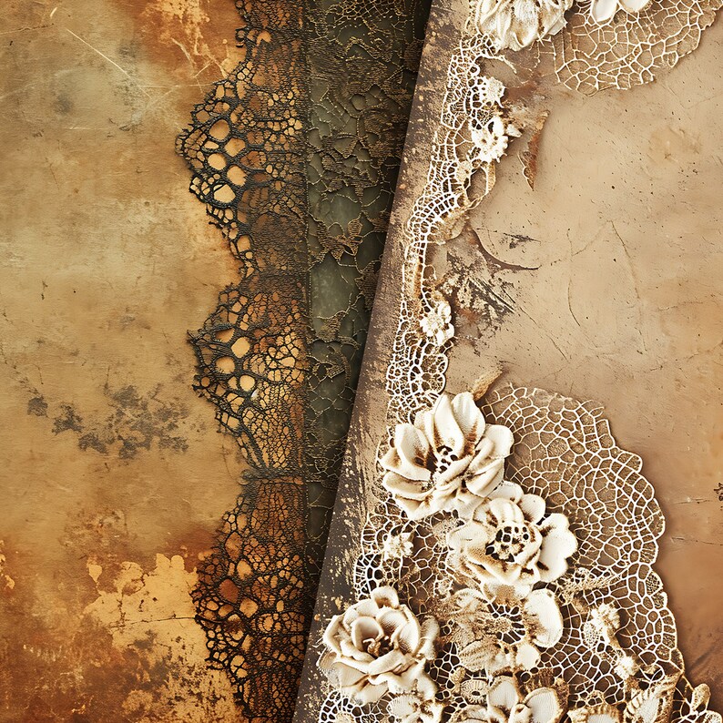 Junk Journal Half Paper, Vintage Lace With Grungy Golden Brown ...