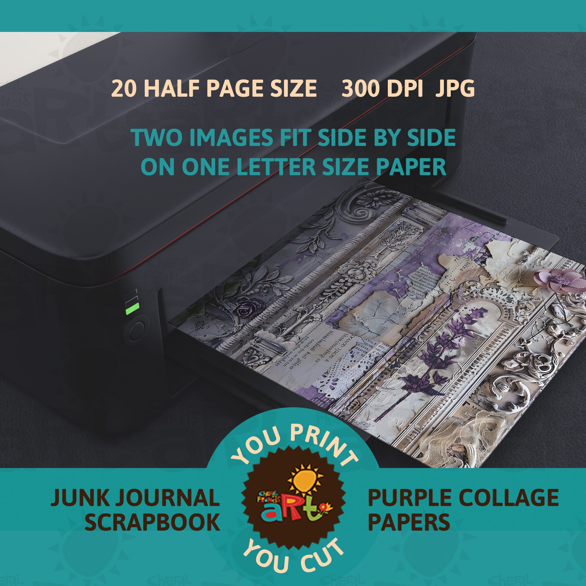 Purple Collage Paper Mixed Media Junk Journal Half Page Printable and ...