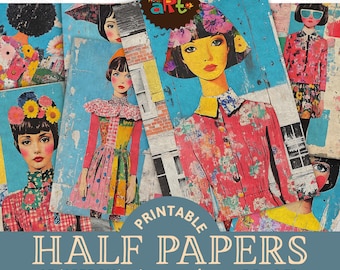 May include: Printable digital paper pack with 20 designs featuring colorful illustrations of women with flowers in their hair. The papers are A5 size (approximately 5.5 inches by 8.5 inches).