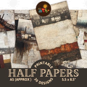May include: A collection of printable half papers with a vintage aesthetic. The papers feature a collage of architectural and landscape illustrations, with a color palette of sepia, brown, and white. The papers are approximately 5.5 x 8.5 inches.