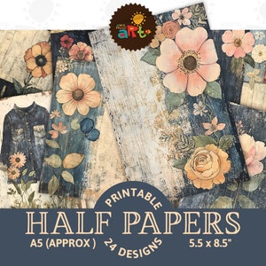 Denim Floral Abstrakt Junk Journal Halb Papier Druckbare Collage, Gästebuch, Digital Kit, Karte, Buch, Hintergrund, Botanisch, Schmuck