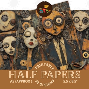 May include: A collage of 30 printable digital papers featuring whimsical, steampunk-inspired faces with gears and cogs. The papers are designed in A5 size (approximately 14cm x 21.5cm).