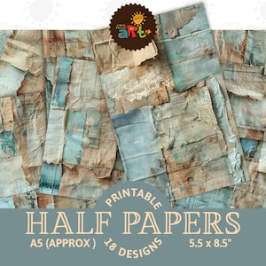 Junk Journal Halb Papier Blau Beige Mischtechnik Textil Collage Printable Scrapbook Digital Kit Buch Hintergrund Kunst Decoupage Handwerk Collage