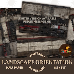 May include: Printable digital paper pack with 24 designs in landscape orientation. The paper features a distressed, textured look with a patchwork of fabric and buttons. The text "Lighter version available, please message me" is included in the image. The paper is 8.5 inches by 5.5 inches.