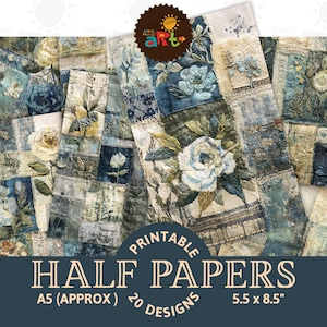 Può includere: Mezzi fogli stampabili con un design patchwork, ricami floreali blu, verdi e crema. L'immagine include il testo "Printable Half Papers" e "A5 (Approx) 20 Designs 5.5 x 8.5" (circa 14 x 21,6 cm).