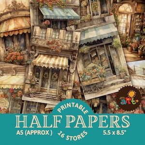 May include: Printable digital paper pack featuring 16 watercolor illustrations of charming storefronts with floral displays. The papers are designed for crafting and scrapbooking projects and measure 5.5 inches by 8.5 inches.