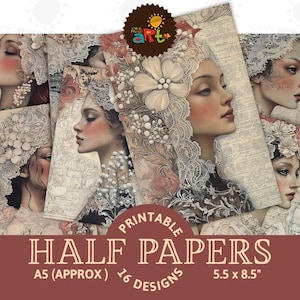 Lady Portrait Spitze und Blumen Ephemera Junk Journal Halbes Papier Druckbarer Hintergrund Scrapbook Craft Card Decoupage Buch Seite Digital