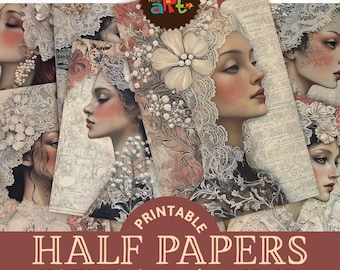Puede incluir: Paquete de papel digital imprimible con 16 diseños que presentan ilustraciones de estilo vintage de mujeres con encaje y flores. Los papeles son de tamaño A5 (aproximadamente 5,5 x 8,5 pulgadas).