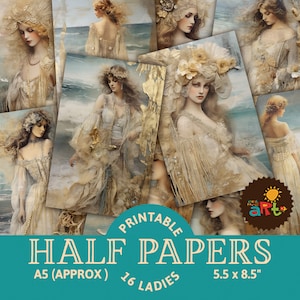 Boho Gold Lady e Ocean stampabili Junk Journal Half Papers, risorsa per album
