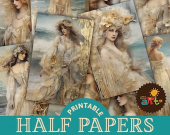 Puede incluir: Una colección de papeles imprimibles con 16 ilustraciones de mujeres con atuendos fluidos en crema y oro sobre fondos costeros. El texto dice PRINTABLE HALF PAPERS A5 (APPROX) 16 LADIES 5.5 x 8.5 inches e incluye un logotipo con un sol.