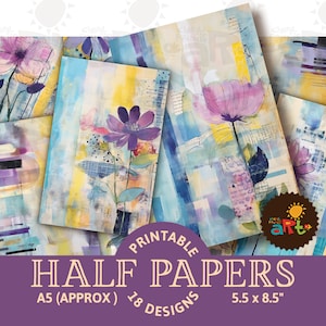 Gemalte Blume auf Collage Printable Junk Journal Halbes Papier, Scrapbook Ressource, Digital Paper Kit, Karte, Basteln, Buchcollage