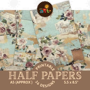 May include: Printable half papers with a vintage floral design. The papers feature a light blue background with roses and text elements. Each sheet measures approximately 5.5 x 8.5 inches. The set includes 16 designs.