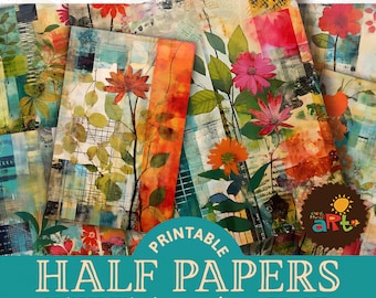 Könnte beinhalten: Ein Set mit 16 druckbaren digitalen Papieren mit farbenfrohen Blumendesigns und abstrakten geometrischen Mustern. Die Papiere haben eine Größe von etwa A5, also 5,5 Zoll mal 8,5 Zoll.