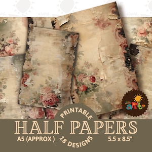 Antik-Stil Blumenmuster, beunruhigt und zerrissene Printable Junk Journal halbe Papiere, Sammelalbum, Digital Kit, Buchseiten, Hintergrund